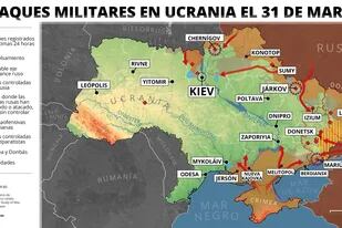 31-03-2022 Mapa con ataques militares en Ucrania el 30 de marzo de 2022 (estado a las 16:30 horas). Las Fuerzas Armadas de Ucrania han alertado este jueves de que las tropas rusas están llevando a cabo un mayor despliegue en la región de Donbás, donde estarían centrando sus esfuerzos tras asegurar que las operaciones del Ejército han disminuido en zonas como Chernígov o Kiev. POLITICA Europa Press