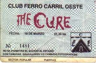 Entrada de uno de los dos shows que The Cure dio en Buenos Aires en 1987, con un sold out en ambas fechas
