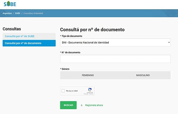 El formulario para saber si la tarjeta SUBE está registrada a alguna persona. Captura/argentina.gob.ar