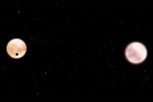 En los datos de TESS, pasó frente a la estrella primaria (derecha) y 5 días después (se muestra) pasó frente a la segunda estrella (izquierda). Estas estrellas son un 30% más grandes que el Sol y difieren muy poco en tamaño