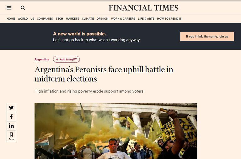 "Los peronistas argentinos enfrentan una batalla cuesta arriba en las elecciones de mitad de término", titula el diario británico Financial Times