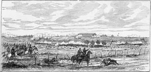 Las fuerzas Nacionales avanzando hacia los Corrales Viejos (al fondo sobre la colina) y siendo repelidos por la artillería Provincial. 21 de junio de 1880.