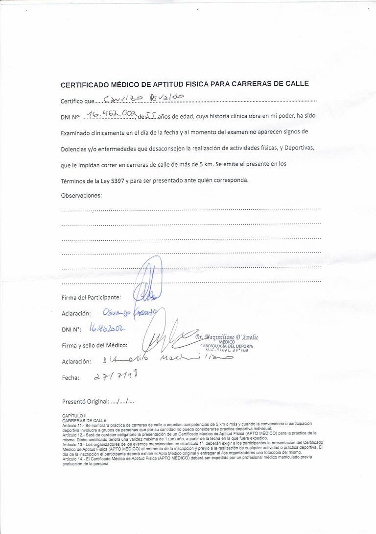 El certificado médico que presentó Osvaldo Carrizo para participar de la media maratón