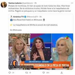 Yanina Latorre le respondió a Ana Rosenfeld a través de su cuenta de Twitter, y la trató de "pedazo de mentirosa", en otro capítulo de un conflicto que parece no tener fin