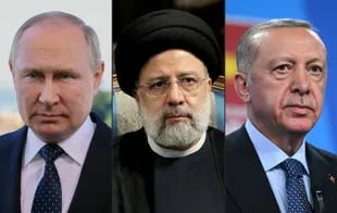This combination of images shows an archive photo taken of Russian President Vladimir Putin, a photo of Iranian President Ebrahim Raisi, and a photo of Turkish President Recep Tayyip Erdogan.