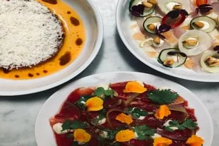 Algunos platos de Julia: Tartare de lomo, Sashimi de pez limón y Carpaccio de sandía