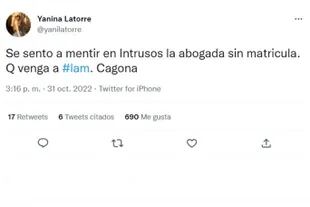 Pocos minutos después de que Ana Rosenfeld apareciera en Intrusos, Yanina Latorre le envió un mensaje en su cuenta de Twitter y no se anduvo con chiquitas