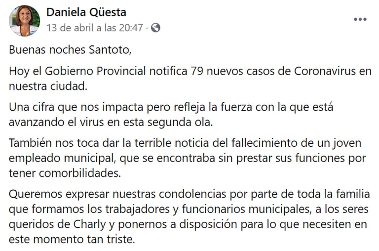 El mensaje de la intendenta de Santo Tomé, Daniela Qüesta, para despedir a Carlos Schweizer