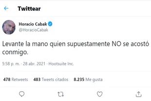 Horacio Cabak volcó en Twitter su hartazgo por los rumores que circulan tras las declaraciones de su esposa Verónica Soldato