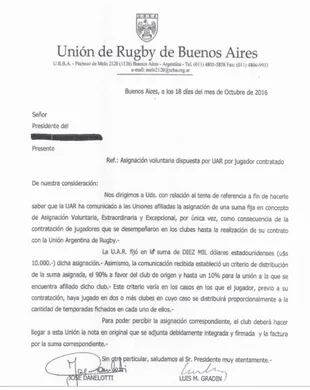 La carta que la URBA le mandó a los clubes hace dos años y medio, anunciándoles el pago de una suma fija por los derechos formativos de los jugadores que se volcaron al profesionalismo