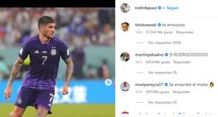Comentario de Tini Stoessel a un posteo de Rodrigo de Paul en Instagram