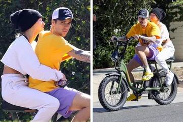 Ley del menor esfuerzo: Justin Bieber llevó a su esposa Hailey a desayunar bien temprano a la mañana, en Los Angeles, a bordo de una bicicleta motorizada