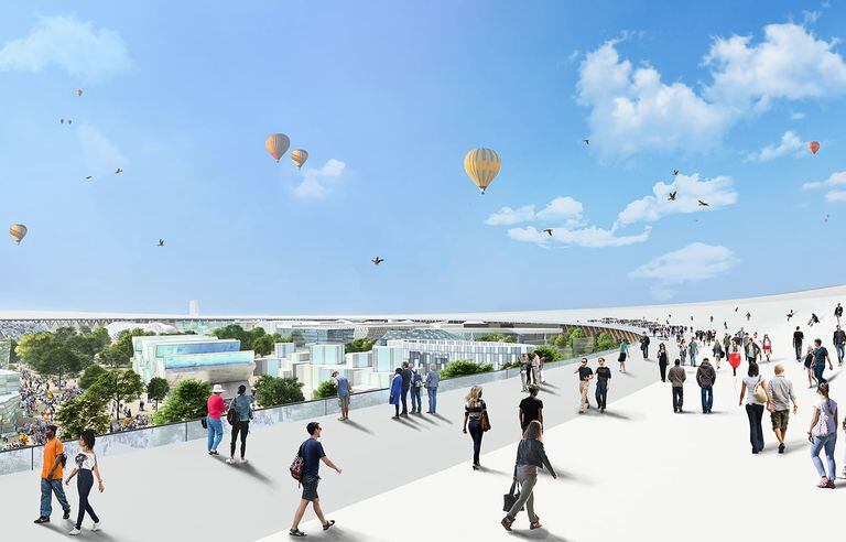 Una vista del camino circular que conectará los sectores de la Expo Osaka 2025 en la isla artificial de Yumeshima