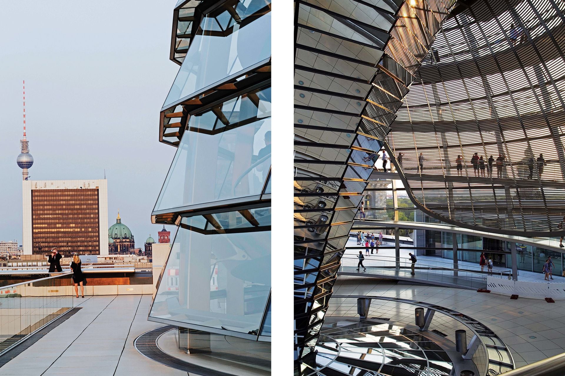 A la izquierda, vista desde la terraza del Reichstag hacia otras Alemanias: la clásica (representada en la catedral); la ex DDR (en la torre de televisión) y la de pujante economía (en el Centro de Comercio Internacional).
