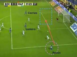 El centro rasante de Pavón le llegará a Carrizo, que buscará por adentro otra vez a Lodeiro, para el gol de uruguayo a Rafaela: 3-0
