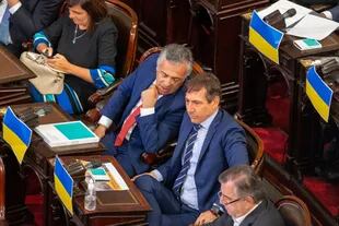 Los opositores Alfredo Cornejo y Luis Naidenoff, con una bandera de Ucrania en sus bancas