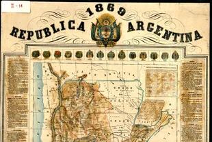 Mapa de una parte de la Argentina de 1869 donde figuran los escudos de 14 provincias