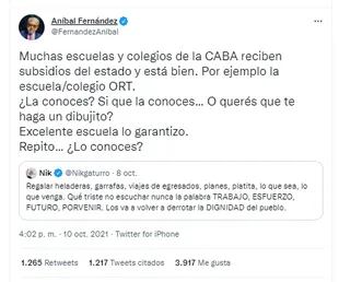 El mensaje del ministro de Seguridad, Aníbal Fernández, al caricaturista por su tuit
