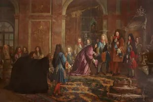 Tapicería encargada por Luis XIV. La escena tiene lugar en el Salón de los Espejos del Palacio de Versalles (Claude-Guy Hallé, 1715)