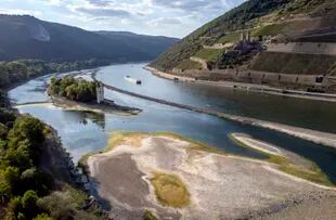 Parts of the Rhine River have little water left after a prolonged drought in Bingen, Germany.  (AP Photo/Michael Probst)