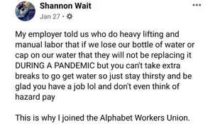 Fragmento de la publicación de Facebook de Shannon Wait sobre lo sucedido en el trabajo