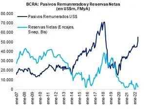 La evolución de los pasivos del BCRA, medidos en dólares, y las reservas.