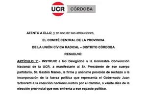 Fuerte resolución de la UCR de Córdoba en rechazo de la incorporación de Schiaretti a Juntos por el Cambio