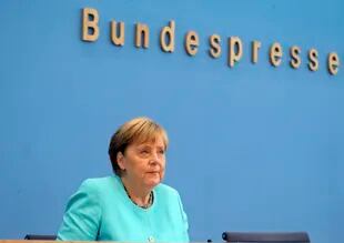 La canciller alemana Angela Merkel en su conferencia de prensa anual de verano en Berlín, Alemania