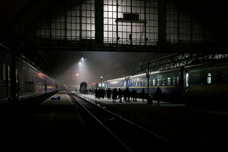 People trying to leave Ukraine are waiting for trains on March 4, 2022 at the Lviv railway station in western Ukraine. 