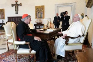 The Pope speaks with Australian Cardinal George Bell in a private meeting at the Vatican