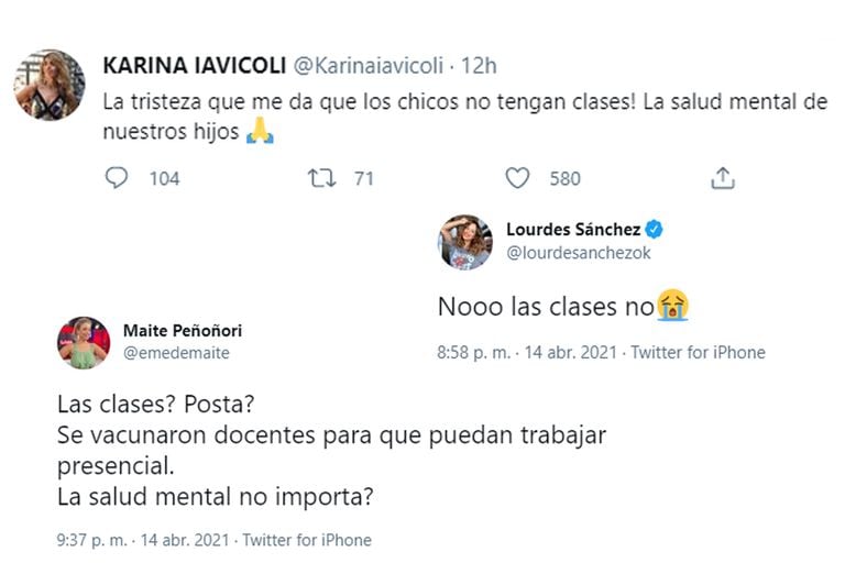 Lourdes Sánchez, Karina Iavícoli y Maite Peñoñori compartieron sus descargos en Twitter por la suspensión de clases presenciales