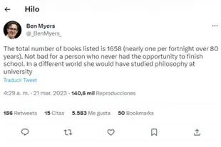 En el listado consta que la abuela del tuitero Ben Myers leyó un total de 1658 libros, con un promedio de uno cada 15 días