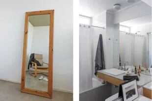 En el baño, sumaron un mueble con frente de madera que sigue el estilo del resto de los ambientes; toallas de algodón gris (Claudia Adorno). En el cuarto, espejo y sillón individual, heredados.
