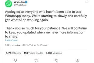 WhatsApp pidió disulpas por el prolongado apagón de este lunes mediante un mensaje en su cuenta oficial de Twitter