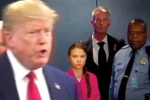 Greta mira a Trump durante una conferencia de prensa en las Naciones Unidas; el presidente de EE.UU. suele criticarla en Twitter