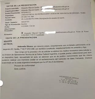 El escrito donde Alejandro Cipolla solicita la colaboración de la Policía Federal Argentina para que se desbloquee el iPad de Natacha Jaiit