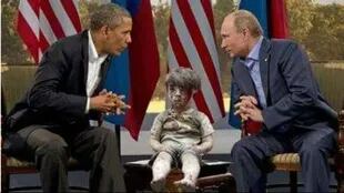Omran, en una ilustración junto a Obama y Putin
