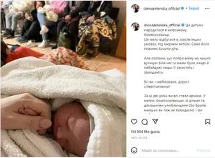 El posteo de Olena Zelenska sobre el bebé que nació en un refugio en Kiev (Foto: Instagram)