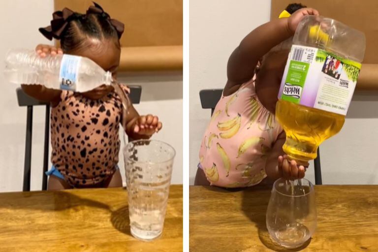 La nena se volvió viral no sólo por su video intentando servir jugo sino por uno anterior donde hizo lo mismo pero con una botella de agua