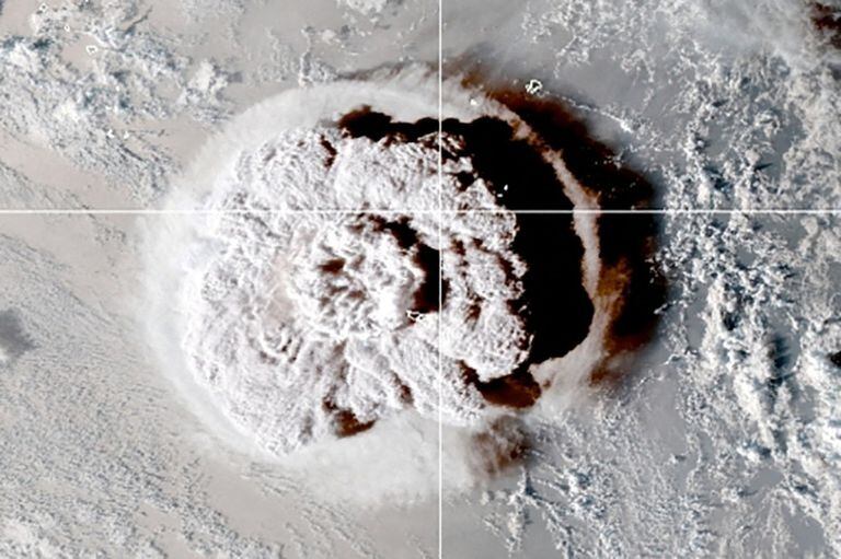 An image released by the NOAA GOES-West satellite shows a satellite image of an undersea volcano eruption near the island nation of Tonga, which triggered tsunami warnings across much of the South Pacific.