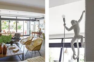 La vista desde el living con dos banquetas de mimbre y hierro y poltrona ‘Eames’ (Eames Office). La lámpara ‘Monkey’ de Marcantonio Raimondi Malerba es un objeto exótico que señala la columna.