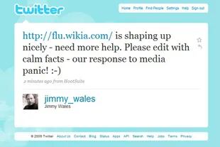 El anuncio del sitio Flu Wiki desde el perfil de Twitter de Jimmy Wales