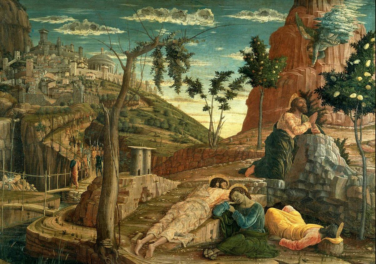Jesús ora en el huerto de Getsemaní preguntándole a Dios si puede ahorrarle el sufrimiento de la cruz, mientras Judas y las tropas de Jerusalén van a apresarlo (La Agonía en el Huerto, Andrea Mantegna, 1457-1459)