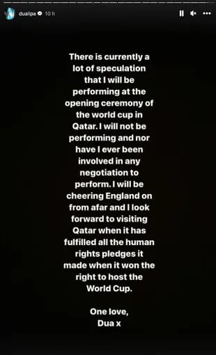Dua Lipa se bajó de la inauguración del Mundial Qatar 2022.