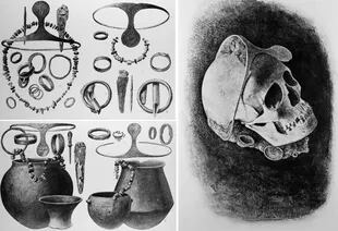 Diademas de plata, recipientes, adornos y calavera encontrados en una tumba de El Argar y dibujados por los hermanos Siret