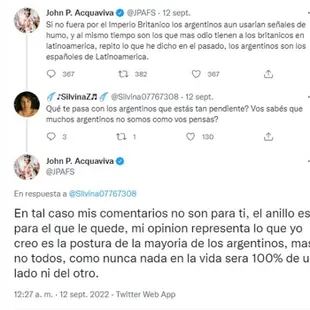 En el intercambio de Acquaviva con una usuaria, el venezolano señala respecto de su comentario crítico de los argentinos: "el anillo es para el que le quede"