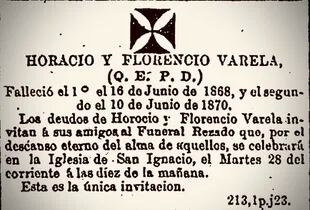 Aviso de funeral de los hermanos Varela, publicado en los periódicos del 24 de junio de 1870.