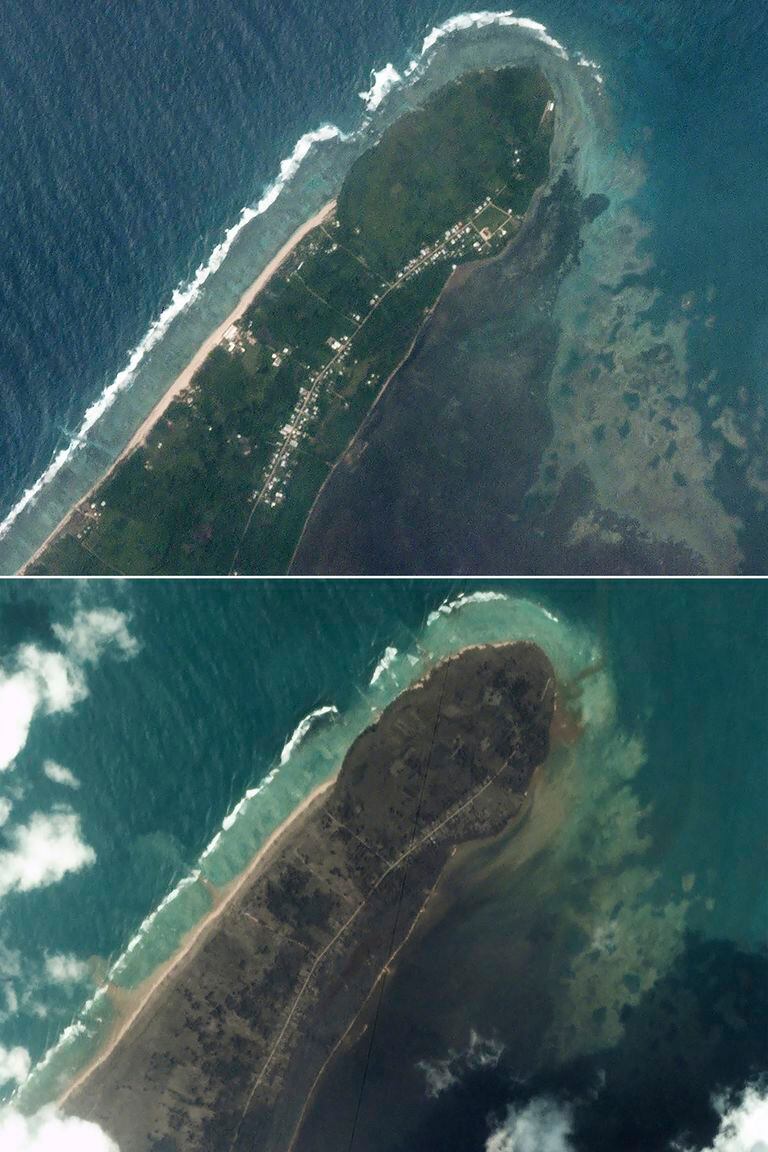 This satellite image provided by Planet Labs PBC shows an overview of Kanokupolu in Tongatapu, Tonga, on January 14, 2022, above, and on January 16, 2022 after the January 15 eruption.  (Planet Labs PBC via AP)