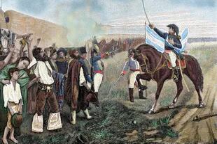 Grabado coloreado del siglo XIX: Belgrano presenta la Bandera de la Argentina a la armada revolucionaria, el 27 de febrero de 1812