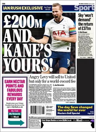 La tapa de Daily Mail del domingo: Kane podría salir por más de 200 millones de euros